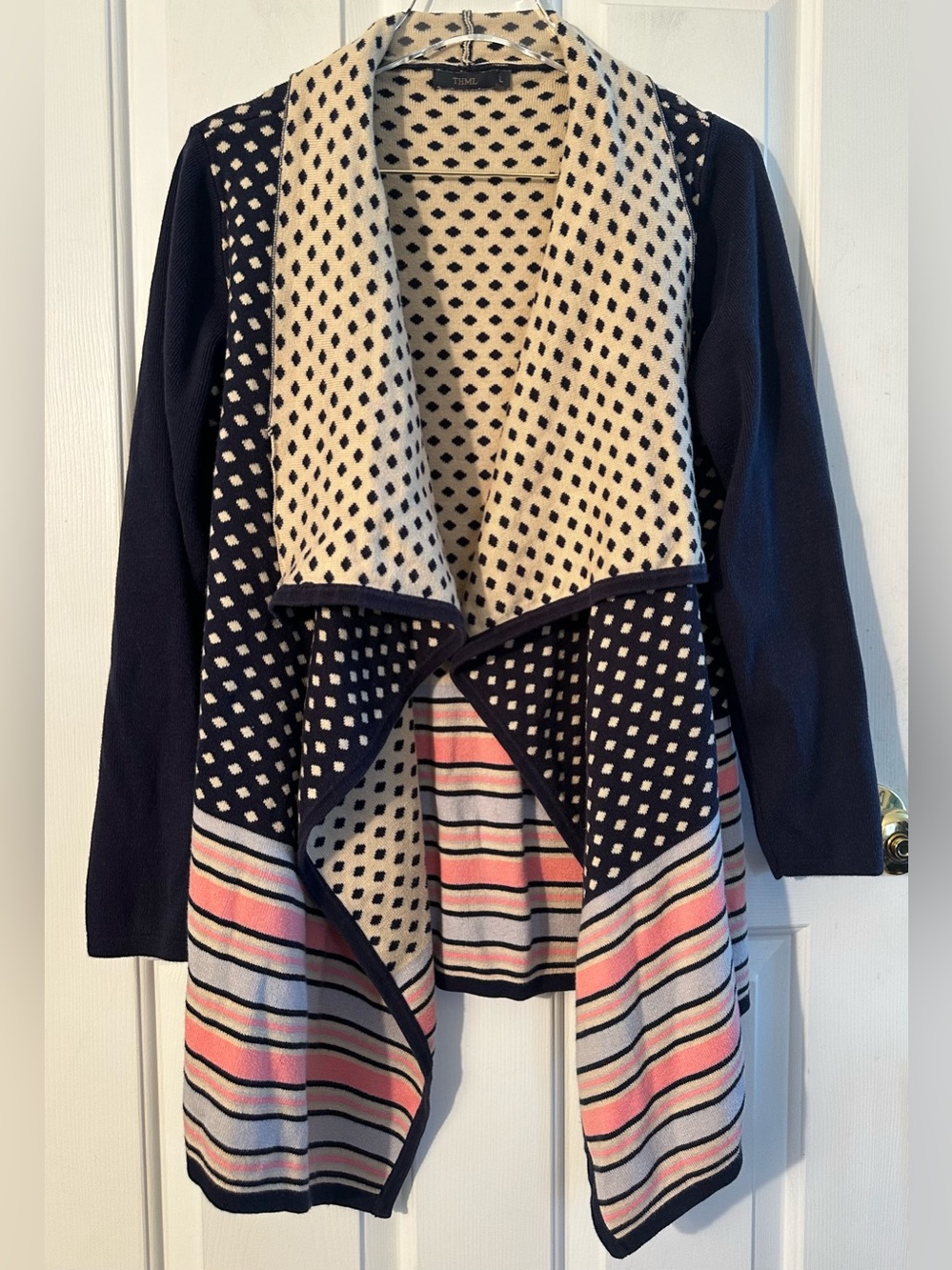 THML Lrg COTTON Color Block Whimsical Polka Dot Open Cardigan Drape Handkerchief